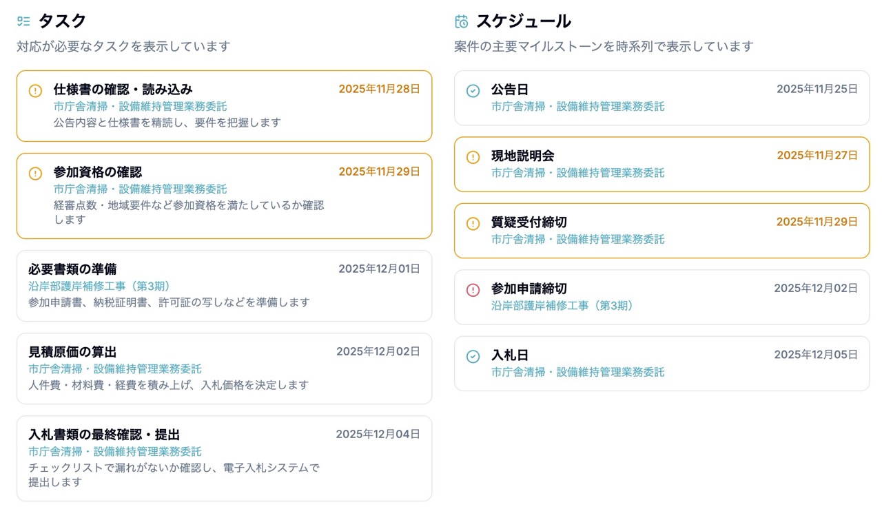 全国入札ナビのタスク・スケジュール画面